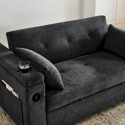 Divano Letto Estraibile 54", Divano Reclinabile 2 Posti con Contenitore, Cuscino Lombare, Presa USB