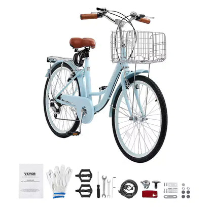VEVOR Cruiser Bike, 7 velocità, Bici Cruiser da Spiaggia 26 Pollici Azzurro con Cestino Grande Capacità e Portapacchi Posteriore, Bici Cruiser Sicura e Robusta, Azzurro