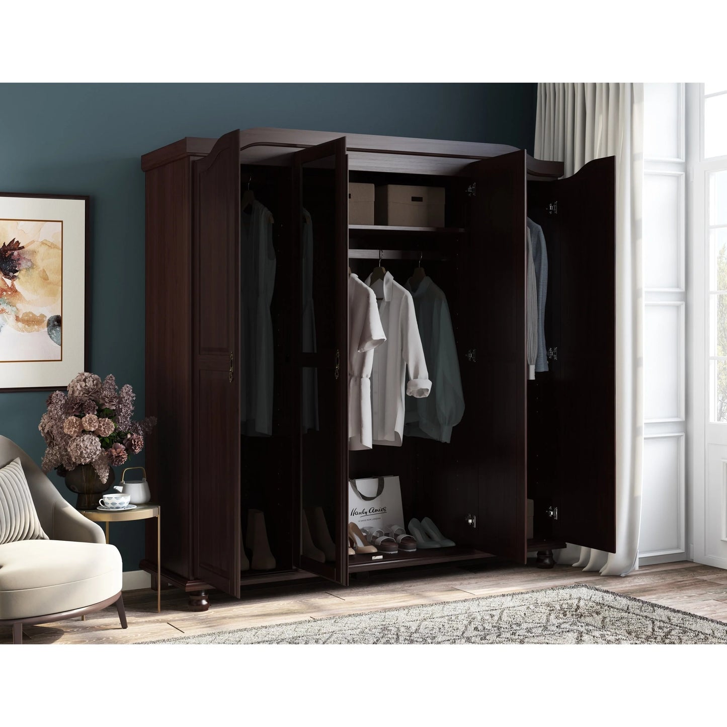 Palace Imports Armadio Kyle a 4 Ante in 100% Legno Massello con Ante in Legno Massello o a Specchio