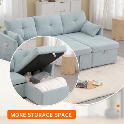Canapé d'angle réversible en velours côtelé/chenille avec chaise longue de rangement et poche latérale