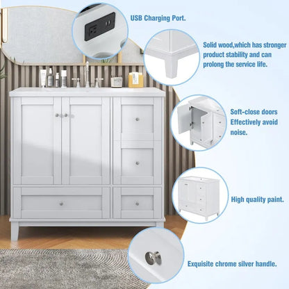 Mobile bagno da 36 pollici con ricarica USB, lavabo in resina, telaio in legno massello, 3 cassetti contenitori