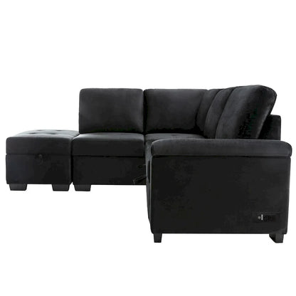 Canapé d'angle convertible 5 places en L 84,75 po avec pouf de rangement, rangement de bras dissimulé et chargement USB pour salon