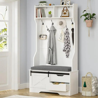 Meuble d'entrée avec banc, rangement à chaussures et patères porte-manteaux, style porte de grange