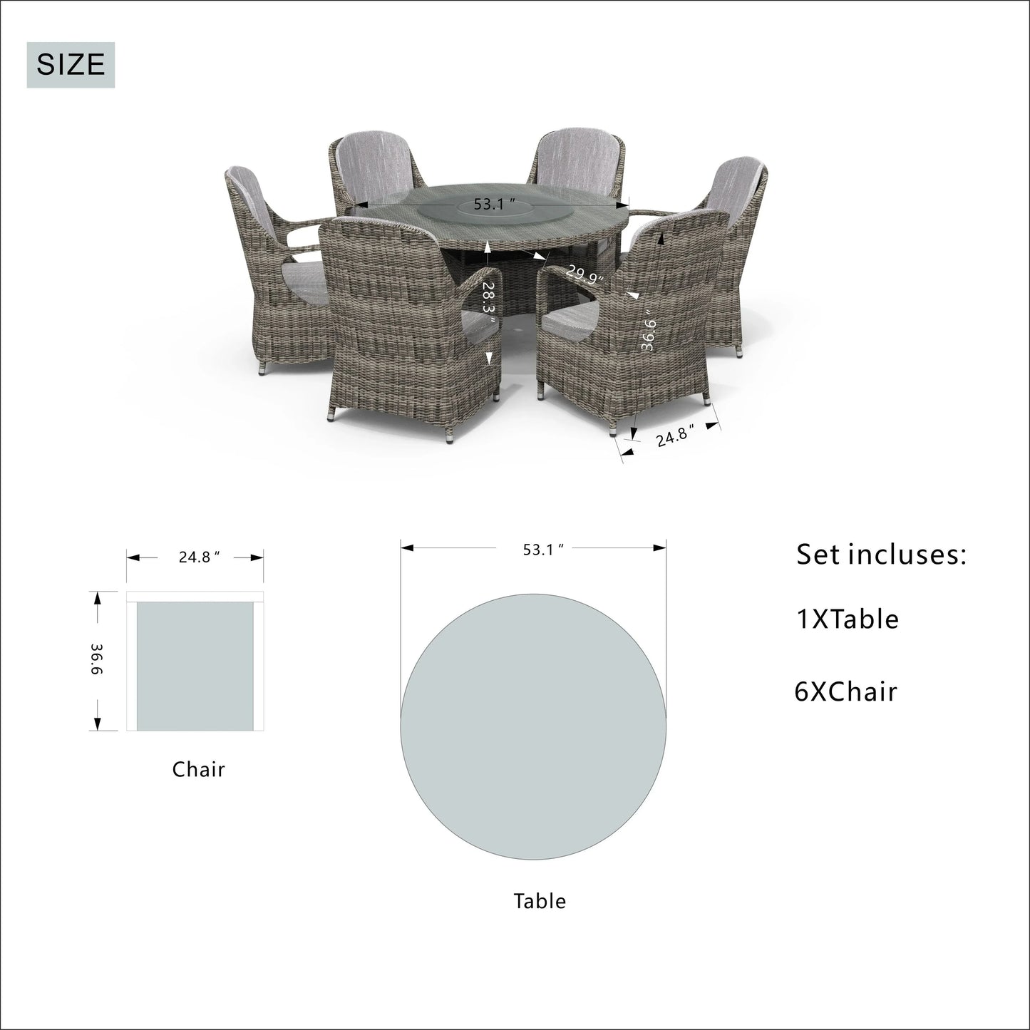 Set da pranzo rotondo da esterno in 7 pezzi in vimini di rattan con cuscini di Moda Furnishings