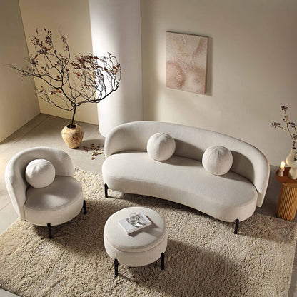 Divano curvo a 3 posti con cuscini a sfera, misto lino beige