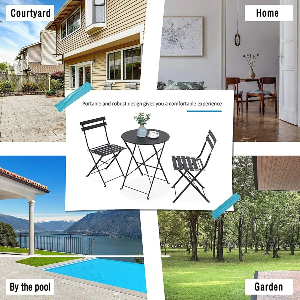 Set bistro pieghevole in metallo da 3 pezzi, set conversazione resistente alle intemperie per esterni/interni, per patio, cortile, giardino