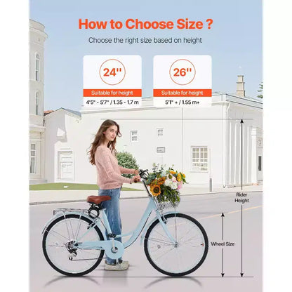 VEVOR Cruiser Bike, 7 velocità, Bici Cruiser da Spiaggia 26 Pollici Azzurro con Cestino Grande Capacità e Portapacchi Posteriore, Bici Cruiser Sicura e Robusta, Azzurro