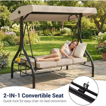 Dondolo da Esterno 2 in 1 Convertibile a 3 Posti con Tettuccio Regolabile, Letto a Dondolo da Patio con Struttura, Cuscini Spessi e Portabicchieri, per Cortile, Giardino, Portico
