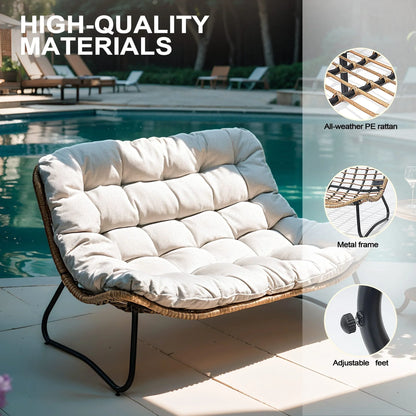 Divanetto due posti Double Papasan con cuscino, in rattan PE per tutte le stagioni e struttura in metallo per interni ed esterni