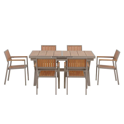 Set da pranzo da esterno allungabile a 7 pezzi con tavolo allungabile e 6 sedie con braccioli