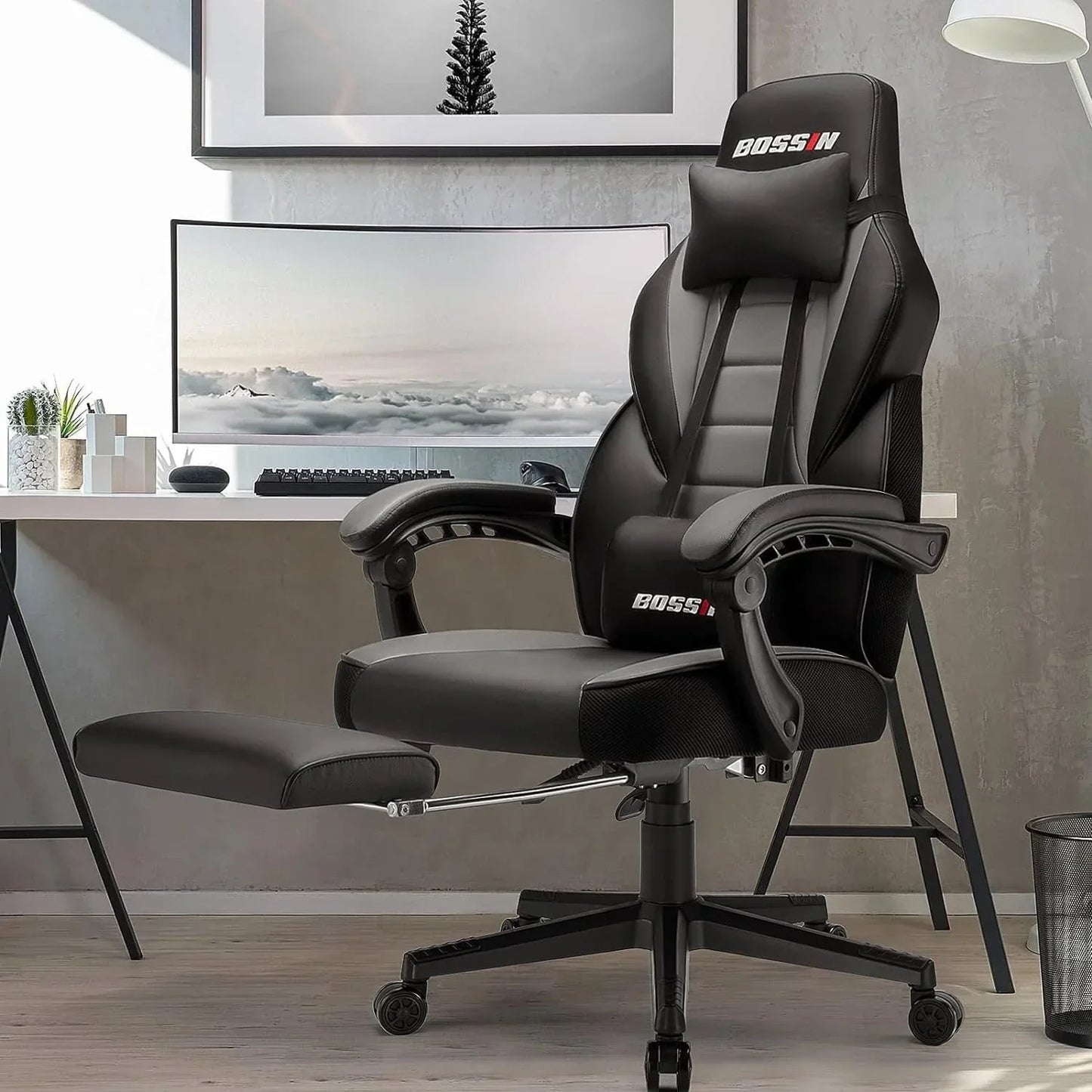 Sedia da gaming BOSSIN Racing Style, sedia da gamer per persone robuste fino a 136 kg, sedia da computer con schienale alto
