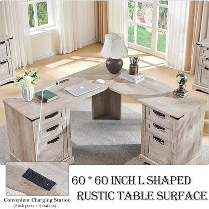 60 Scrivania Direzionale a L da Fattoria, Scrivania ad Angolo in Legno, Scrivania per Computer