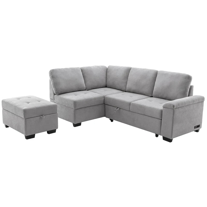 Canapé d'angle convertible 5 places en L 84,75 po avec pouf de rangement, rangement de bras dissimulé et chargement USB pour salon