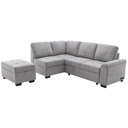 Canapé d'angle convertible 5 places en L 84,75 po avec pouf de rangement, rangement de bras dissimulé et chargement USB pour salon