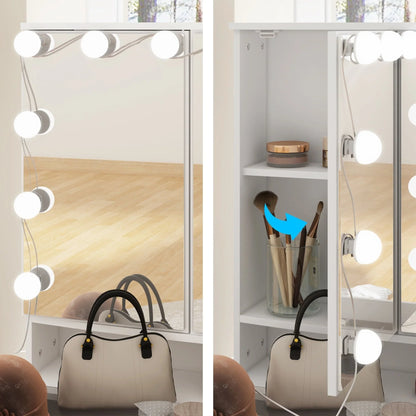 Comò per trucco con specchio a tre ante, illuminazione certificata e piano in vetro