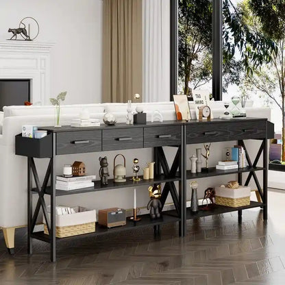 Console avec 3 tiroirs, table de canapé d'entrée avec 3 étagères de rangement