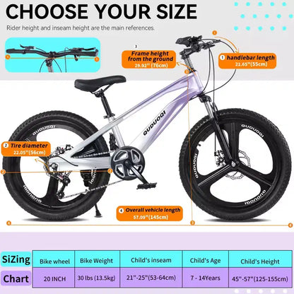 NAYSAYE Bicicletta da montagna per bambini da 20 pollici con trasmissione a 7 velocità e telaio in lega di magnesio per ragazzi e ragazze di età 8-12 anni, 57.09*21.65*29.92