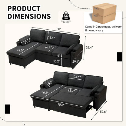 Divano letto a L da 80", Divano letto a scomparsa, Divano letto convertibile con penisola reversibile