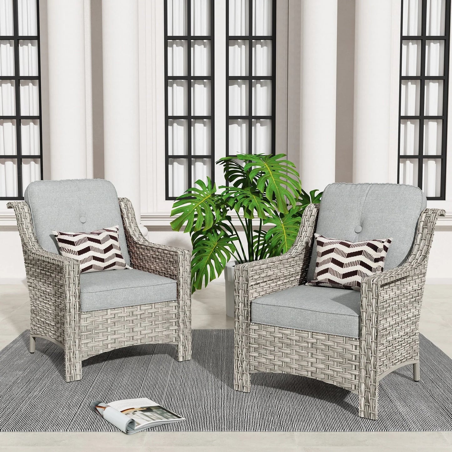 HOOOWOOO, Set di 2 Sedie da Esterno in Rattan Intrecciato con Schienale Alto