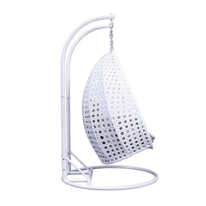 Sedia sospesa a dondolo a forma di uovo con supporto in metallo, telaio in vimini e cuscino – Beige / Blu antracite / Bianco / Blu / Bianco antico / Marrone / Tela, 2 posti
