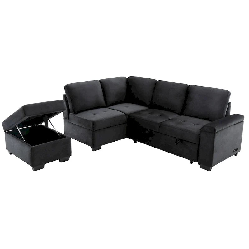 Canapé d'angle convertible 5 places en L 84,75 po avec pouf de rangement, rangement de bras dissimulé et chargement USB pour salon