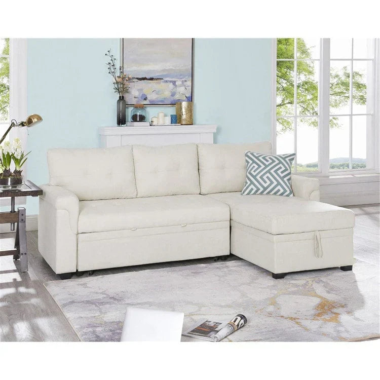 Divano componibile convertibile reversibile con letto estraibile, chaise longue con contenitore nascosto e gambe durevoli