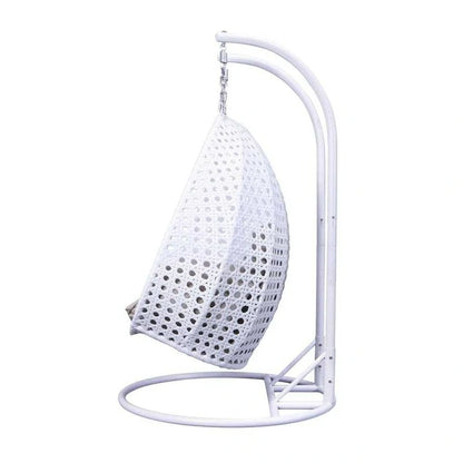 Sedia sospesa a dondolo a forma di uovo con supporto in metallo, telaio in vimini e cuscino – Beige / Blu antracite / Bianco / Blu / Bianco antico / Marrone / Tela, 2 posti