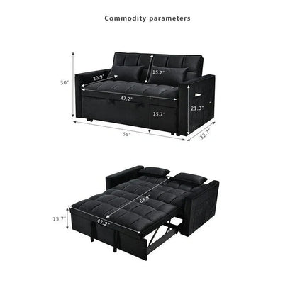 Divanetto Futon Moderno in Velluto con Schienale Reclinabile e Tasche, 2 Posti - Grigio Scuro / Grigio Chiaro / Blu / Nero