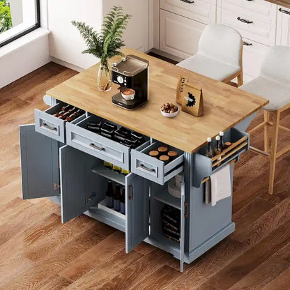 54 - Grande isola cucina con anta a ribalta in legno di gomma, carrello da cucina scorrevole con texture in rilievo su 4 ruote con 4 ante e 3 cassetti