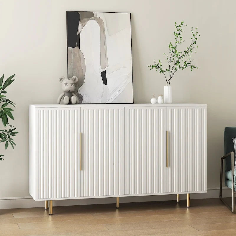 Bahut avec portes décoratives cannelées, buffet en bois avec poignées métalliques, meuble de rangement avec étagères réglables