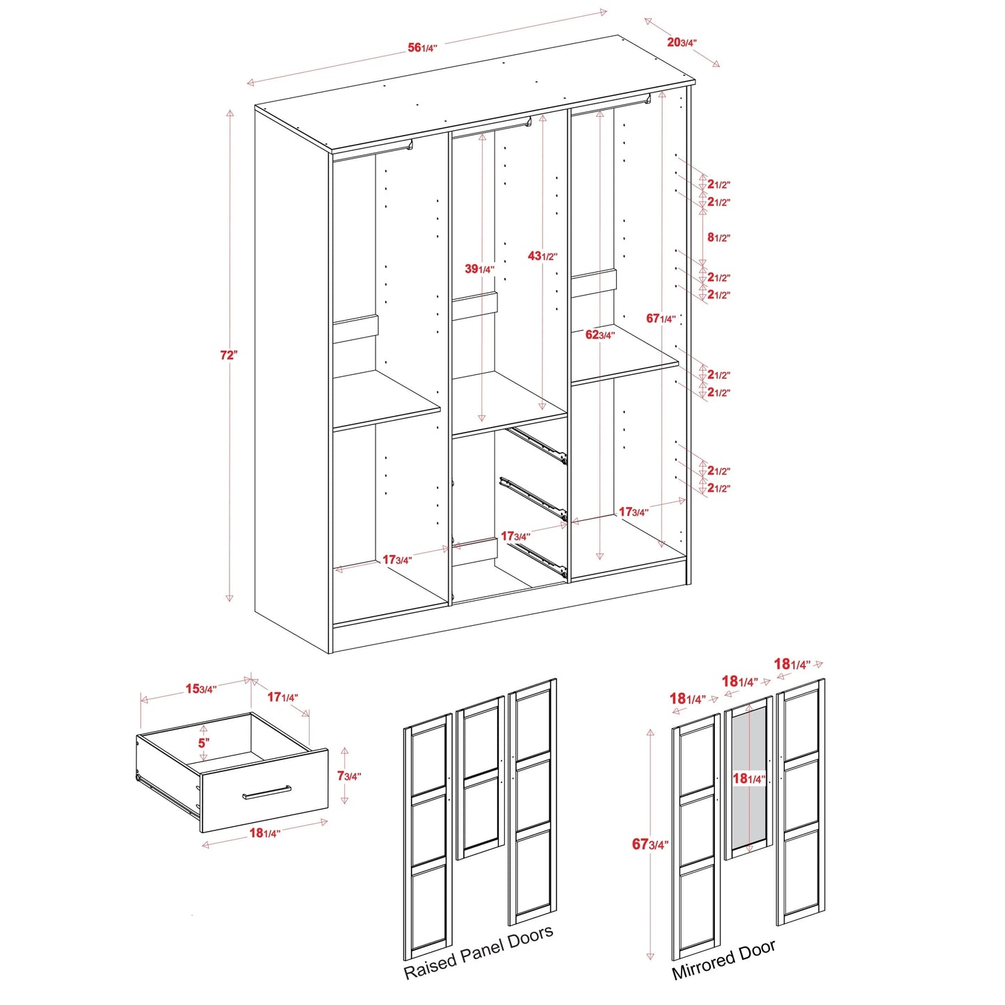 Palace Imports Armadio a 3 ante Cosmo 100% legno massello con ante in legno massello o a specchio