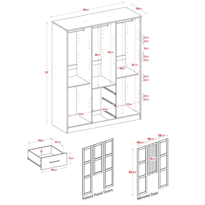 Palace Imports Armadio a 3 ante Cosmo 100% legno massello con ante in legno massello o a specchio
