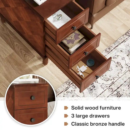 Tavolino stretto completamente assemblato, tavolino in legno massello con 3 cassetti, comodino sottile vintage per piccoli spazi