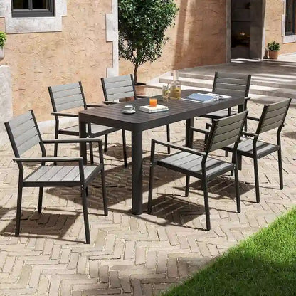 Set da Pranzo da Esterno a 5/7 Pezzi per Patio con Sedie Impilabili in Alluminio e Tavolo Allungabile