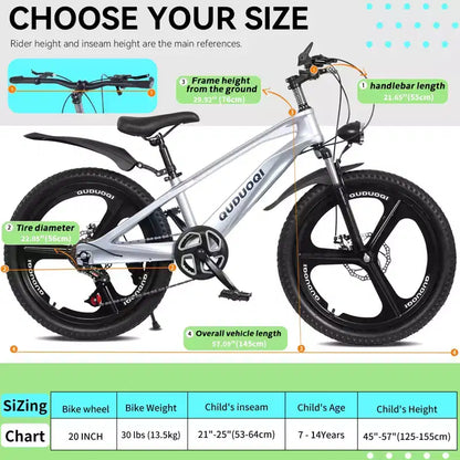 NAYSAYE Bicicletta da montagna per bambini da 20 pollici con trasmissione a 7 velocità e telaio in lega di magnesio per ragazzi e ragazze di età 8-12 anni, 57.09*21.65*29.92