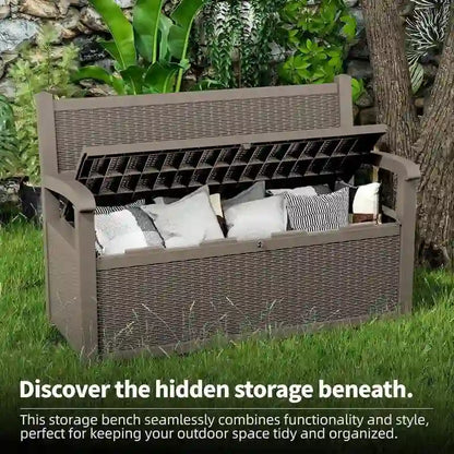 Panca contenitore in resina per tutte le stagioni con scomparto nascosto e chiudibile a chiave - Design effetto rattan, capacità 227 kg, contenitore da 265 litri