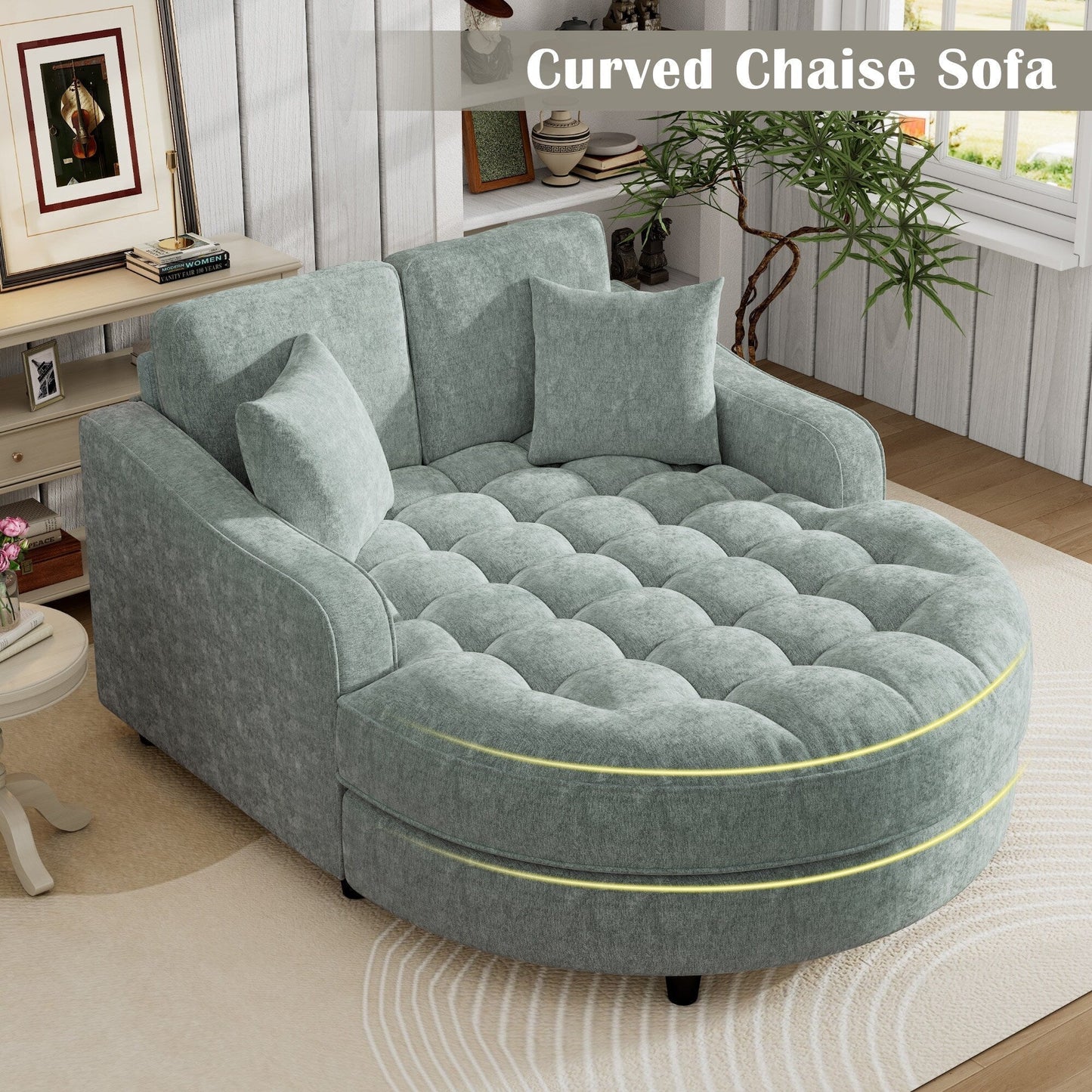 Divano Letto Chaise Longue in ciniglia, Divano Imbottito con Schienale Trapuntato e 2 Cuscini Rimovibili per Soggiorno