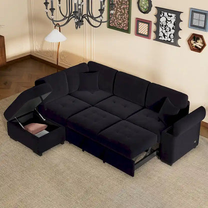 Canapé d'angle convertible 5 places en L 84,75 po avec pouf de rangement, rangement de bras dissimulé et chargement USB pour salon