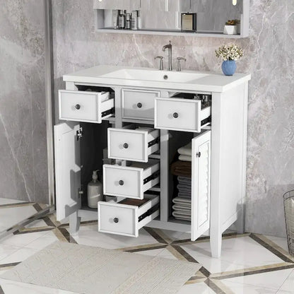 Mobile bagno con lavabo in ceramica, due ante e cinque cassetti