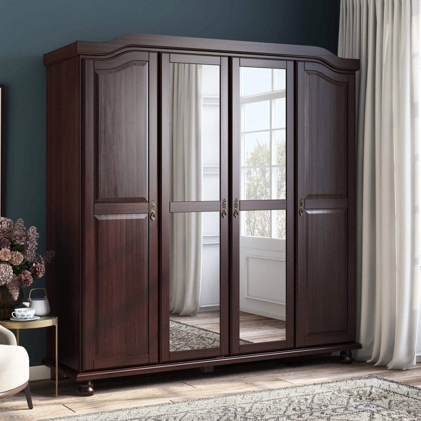Palace Imports Armadio Kyle a 4 Ante in 100% Legno Massello con Ante in Legno Massello o a Specchio