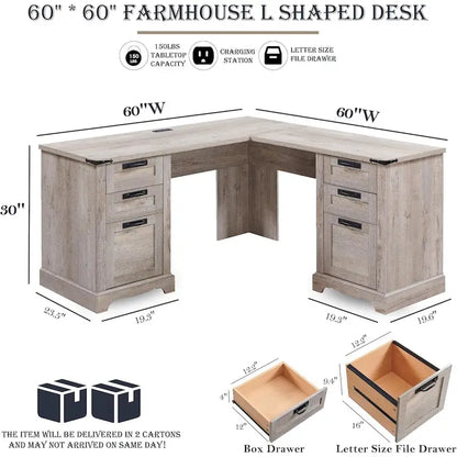 60 Scrivania Direzionale a L da Fattoria, Scrivania ad Angolo in Legno, Scrivania per Computer