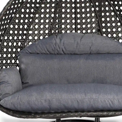 Sedia sospesa a dondolo a forma di uovo con supporto in metallo, telaio in vimini e cuscino – Beige / Blu antracite / Bianco / Blu / Bianco antico / Marrone / Tela, 2 posti