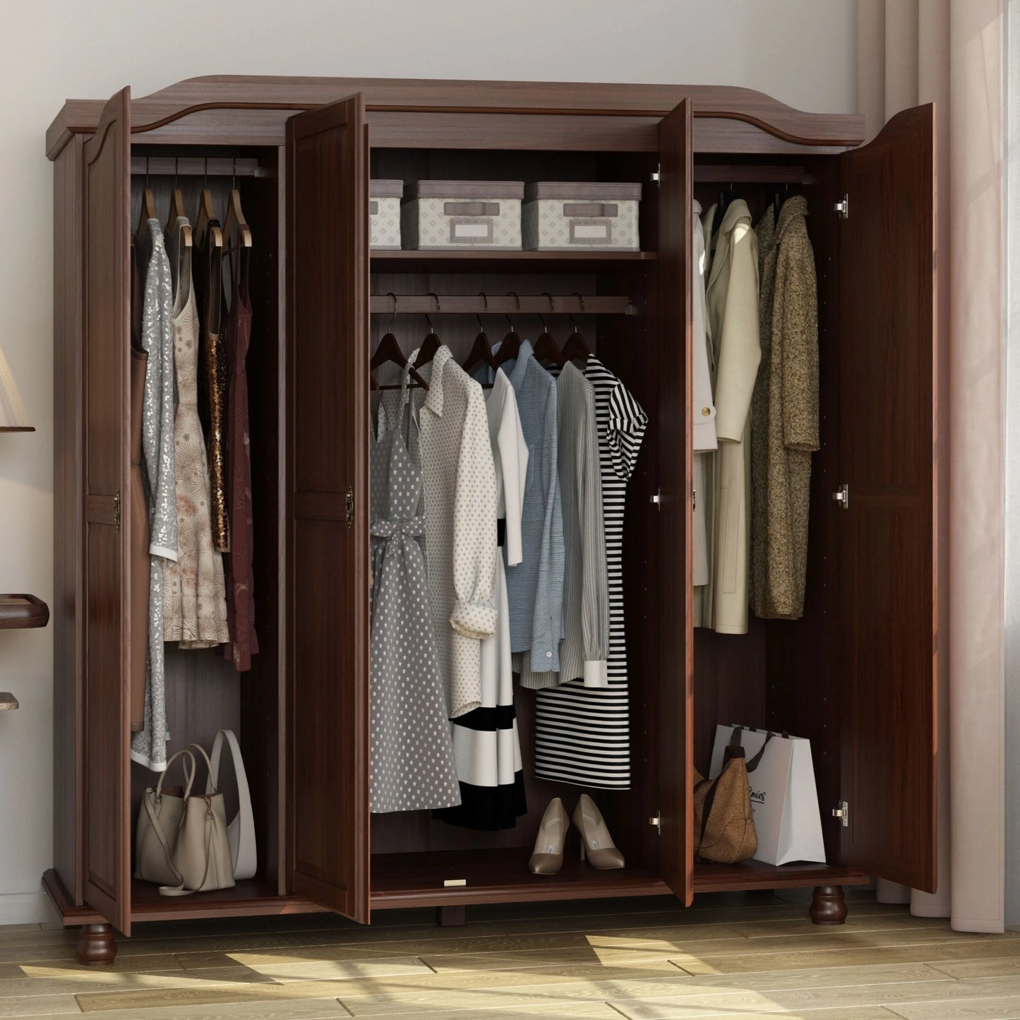 Palace Imports Armadio Kyle a 4 Ante in 100% Legno Massello con Ante in Legno Massello o a Specchio