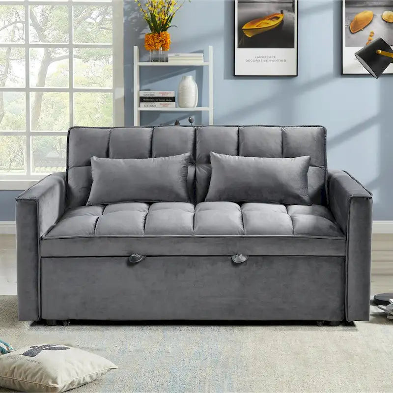 Divanetto Futon Moderno in Velluto con Schienale Reclinabile e Tasche, 2 Posti - Grigio Scuro / Grigio Chiaro / Blu / Nero