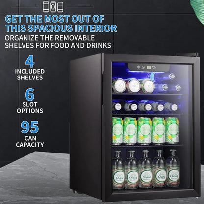 Mini Frigo-Cantinetta per bevande da 100 lattine, Frigo portatile, Porta in vetro frontale trasparente, Piccolo refrigeratore per bevande con touch screen - 2.6 Cu. Ft.