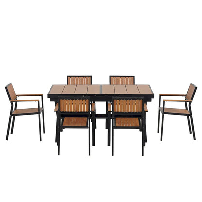 Set da pranzo da esterno allungabile a 7 pezzi con tavolo allungabile e 6 sedie con braccioli