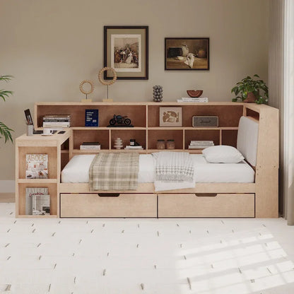 Divano Letto a "L" in Legno con Scrivania, Mobile Libreria, Letto Angolare con Cassetti Sottostanti, Testiera Imbottita con Luce Integrata