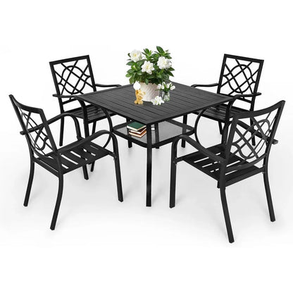 Set da pranzo SUNCROWN per esterni da 5/7 pezzi in acciaio, tavolo con doghe in metallo e sedie impilabili con telaio verniciato a polvere