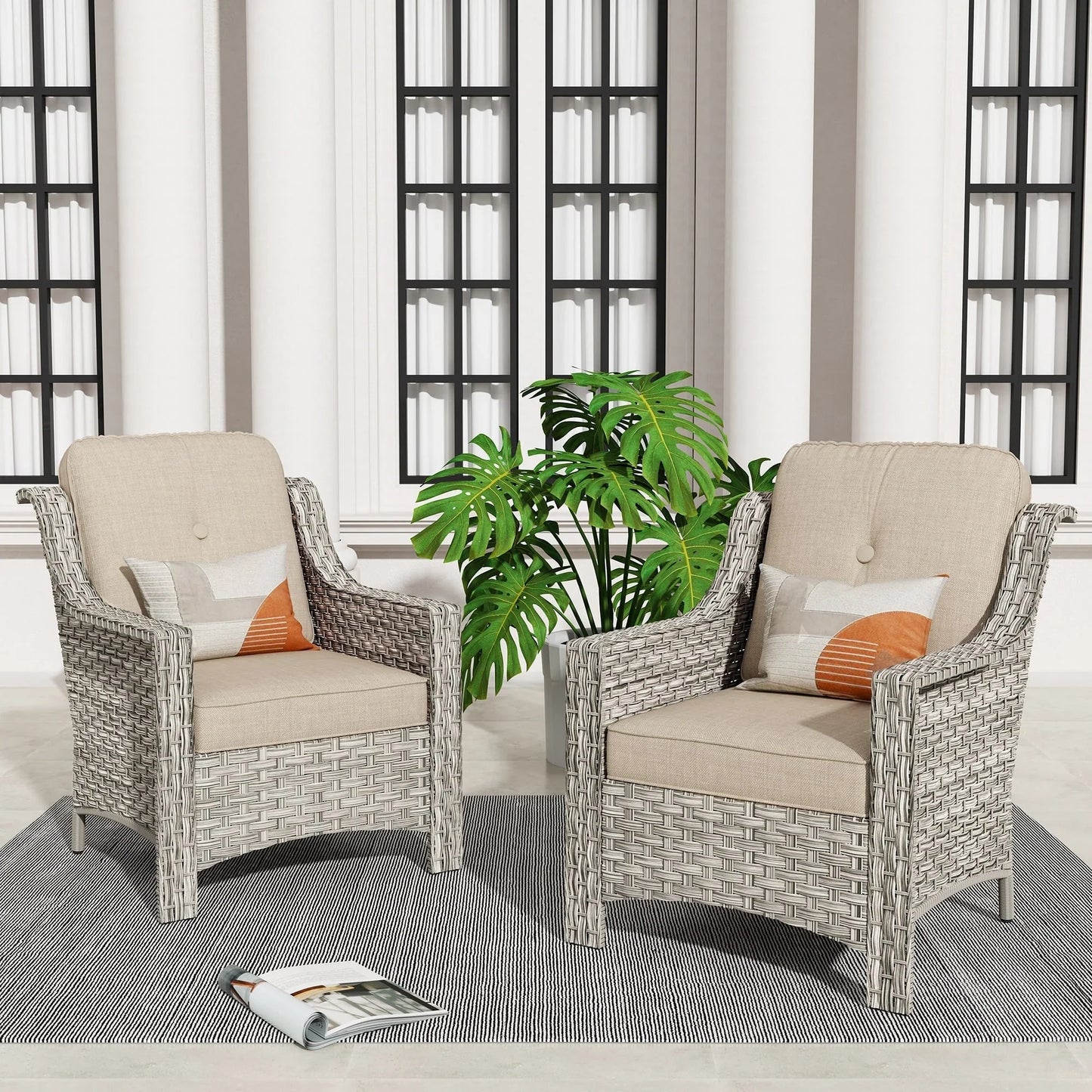 HOOOWOOO, Set di 2 Sedie da Esterno in Rattan Intrecciato con Schienale Alto