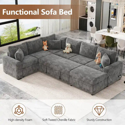 Divano sezionale in ciniglia con letto estraibile, divano letto a L con pouf contenitore, 3 cuscini e dispositivi di ricarica